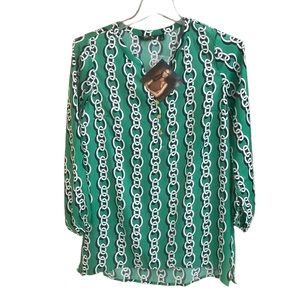 New IMAN Lightweight Long Sleeve Green And White Blouse Top Size S